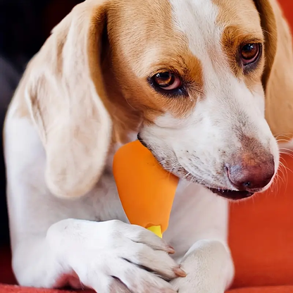 A squeaky chicken leg dog toy - made of durable, non-toxic rubber.