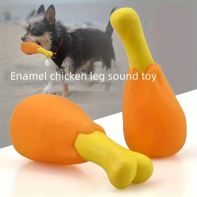 A squeaky chicken leg dog toy - made of durable, non-toxic rubber.
